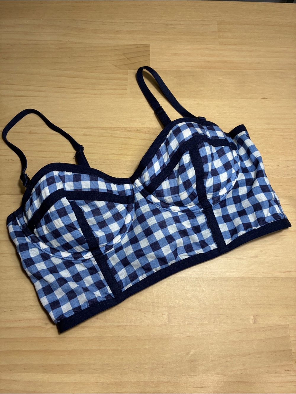 E By Eloise Anthro Blue Gingham Longline Bra Top Underwire Removable Straps 34B